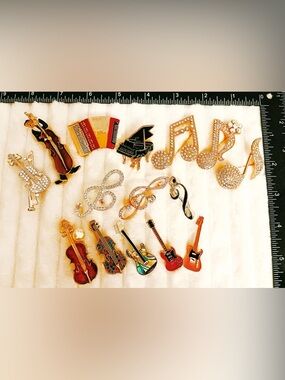 15pc Musical Instrument Brooch Pin Lot Crystal Rhinestone Piano Guitar Violin